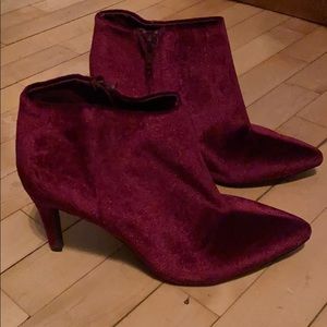 Maroon crushed velvet heeled boots